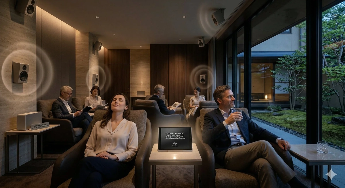 ラウンジで高音質オーディオを楽しむ人々
