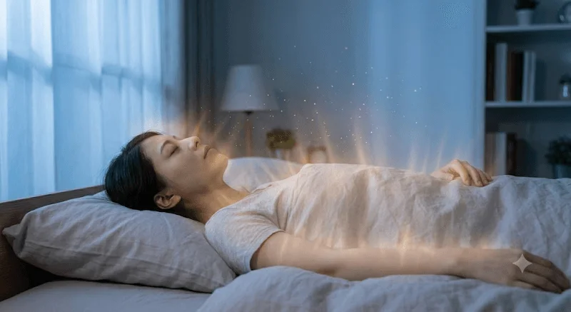 静かな寝室でベッドに横たわり、安らかに眠る女性の姿。体からは柔らかな光が発せられ、周囲にはきらめく粒子が漂っており、癒しや夢のような神秘的な雰囲気を醸し出しています。