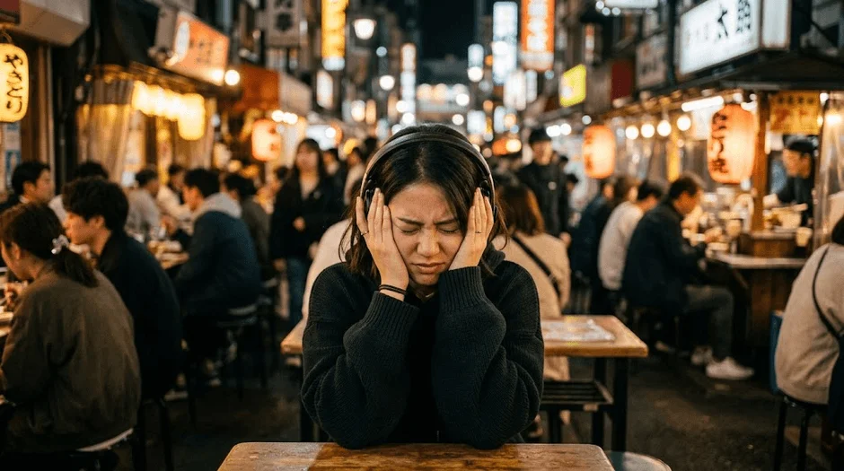 夜の街でヘッドホンをつけ耳を塞ぐ女性の画像