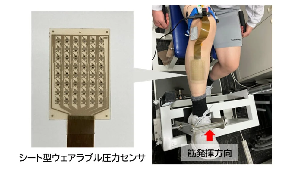 シート型ウェアラブル圧力センサと計測の様子